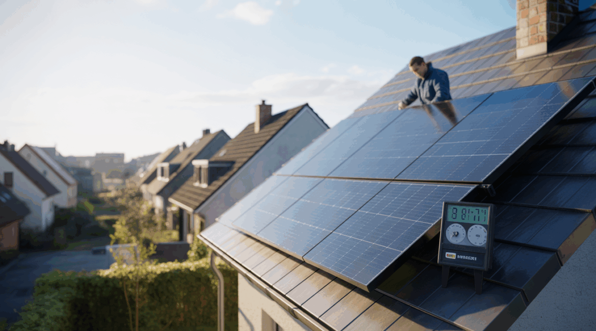 Scène réaliste montrant un panneau solaire sur un toit au lever du soleil avec un technicien et un paysage net en arrière‑plan.