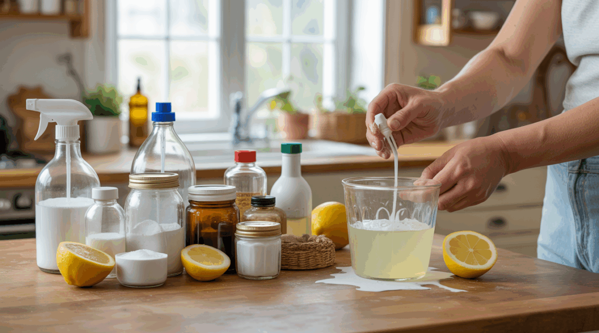 Scène de cuisine naturelle avec des produits ménagers faits maison sur un plan de travail en bois, lumière du matin, ingrédients naturels et ambiance authentique.