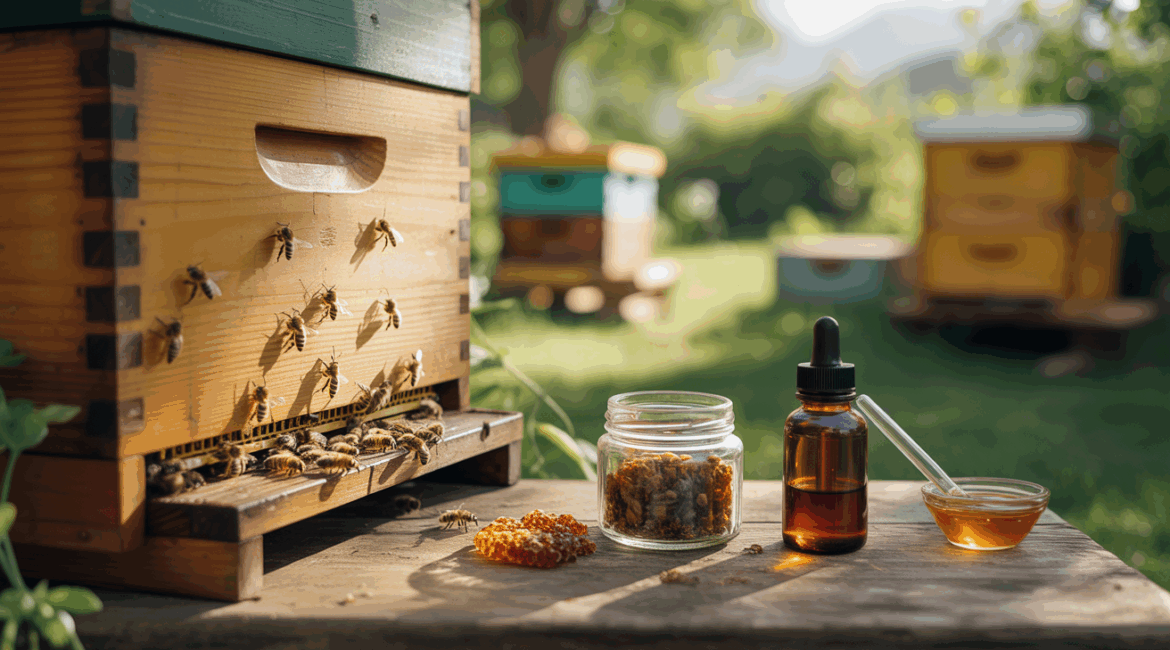 Scène réaliste d’une ruche en bois dans un jardin ensoleillé avec des abeilles et de la propolis, accompagnée d’un pot et d’un flacon d’extrait de propolis sur une table en bois.