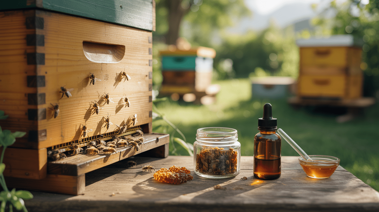 Scène réaliste d’une ruche en bois dans un jardin ensoleillé avec des abeilles et de la propolis, accompagnée d’un pot et d’un flacon d’extrait de propolis sur une table en bois.