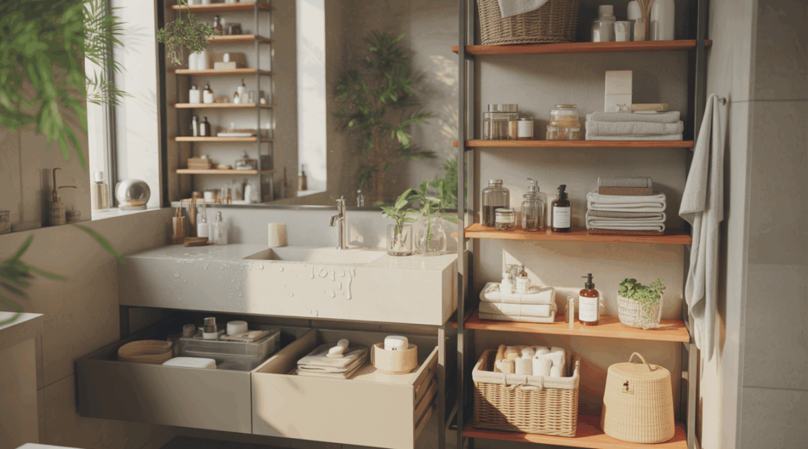 Salle de bain moderne et réaliste avec rangements pratiques et décoratifs, étagères en bois, paniers en osier et accessoires bien organisés.