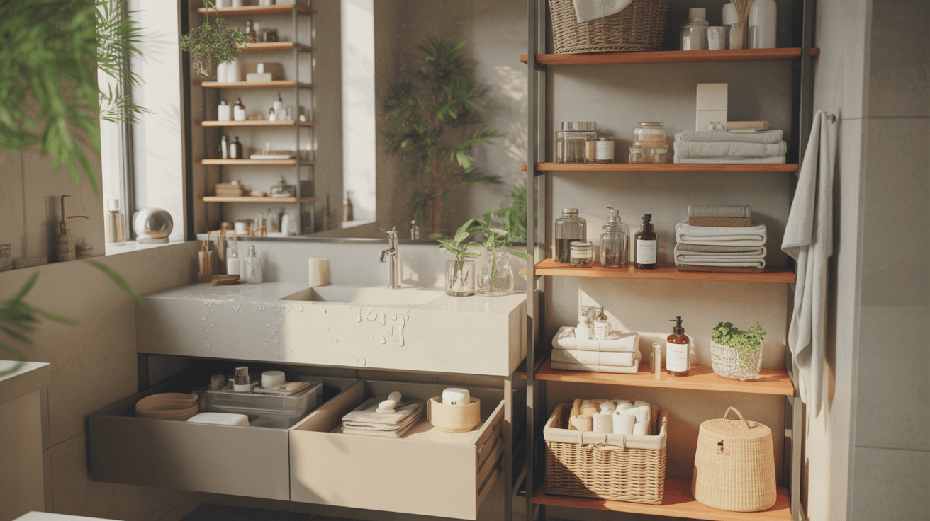 Salle de bain moderne et réaliste avec rangements pratiques et décoratifs, étagères en bois, paniers en osier et accessoires bien organisés.