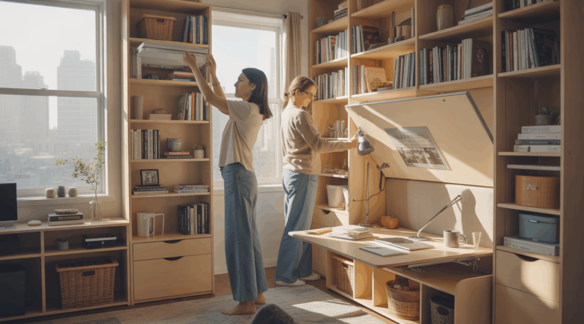 Intérieur réaliste d’un petit appartement utilisant des astuces de rangement et de gain de place.