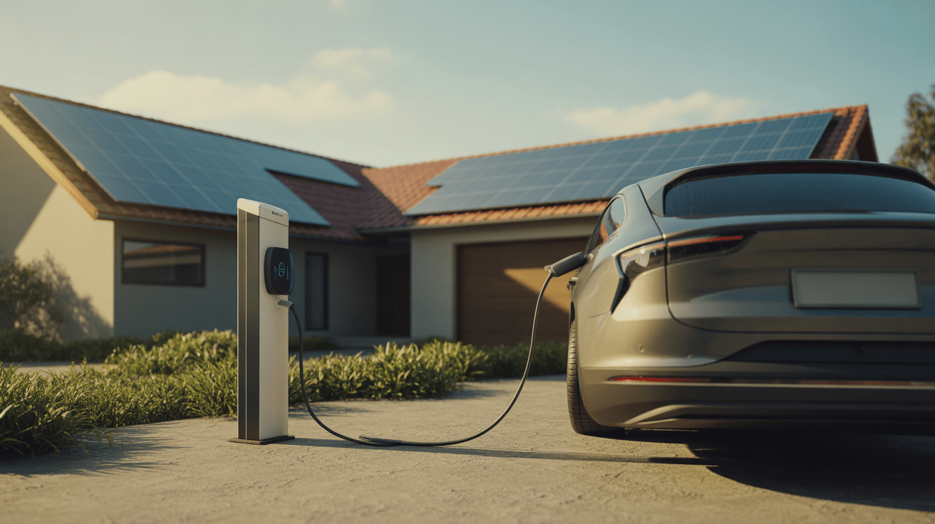Maison moderne avec panneaux solaires rechargeant une voiture électrique garée dans l’allée, scène réaliste et ensoleillée.