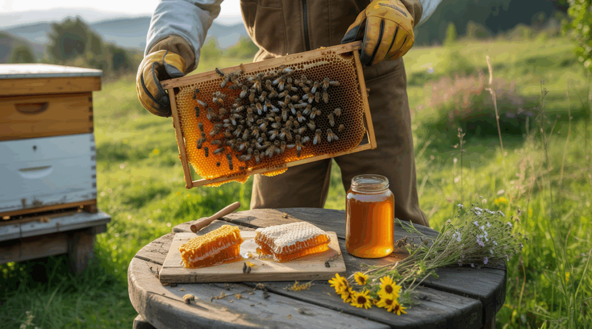 Scène réaliste d’un apiculteur prélevant un cadre de miel brut dans un rucher artisanal au coucher du soleil, avec un pot de miel et de la cire naturelle sur une table en bois.