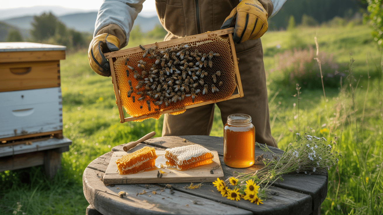 Scène réaliste d’un apiculteur prélevant un cadre de miel brut dans un rucher artisanal au coucher du soleil, avec un pot de miel et de la cire naturelle sur une table en bois.