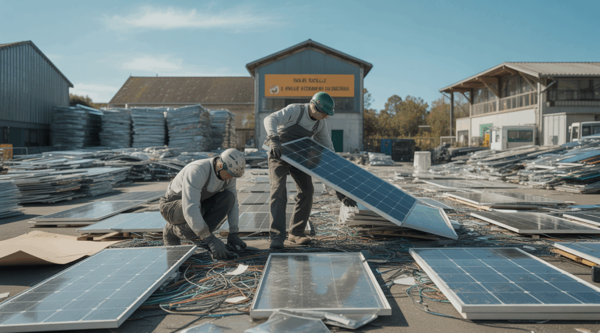 Centre français de recyclage de panneaux solaires avec des techniciens triant et démontant des modules photovoltaïques dans un environnement industriel réaliste.