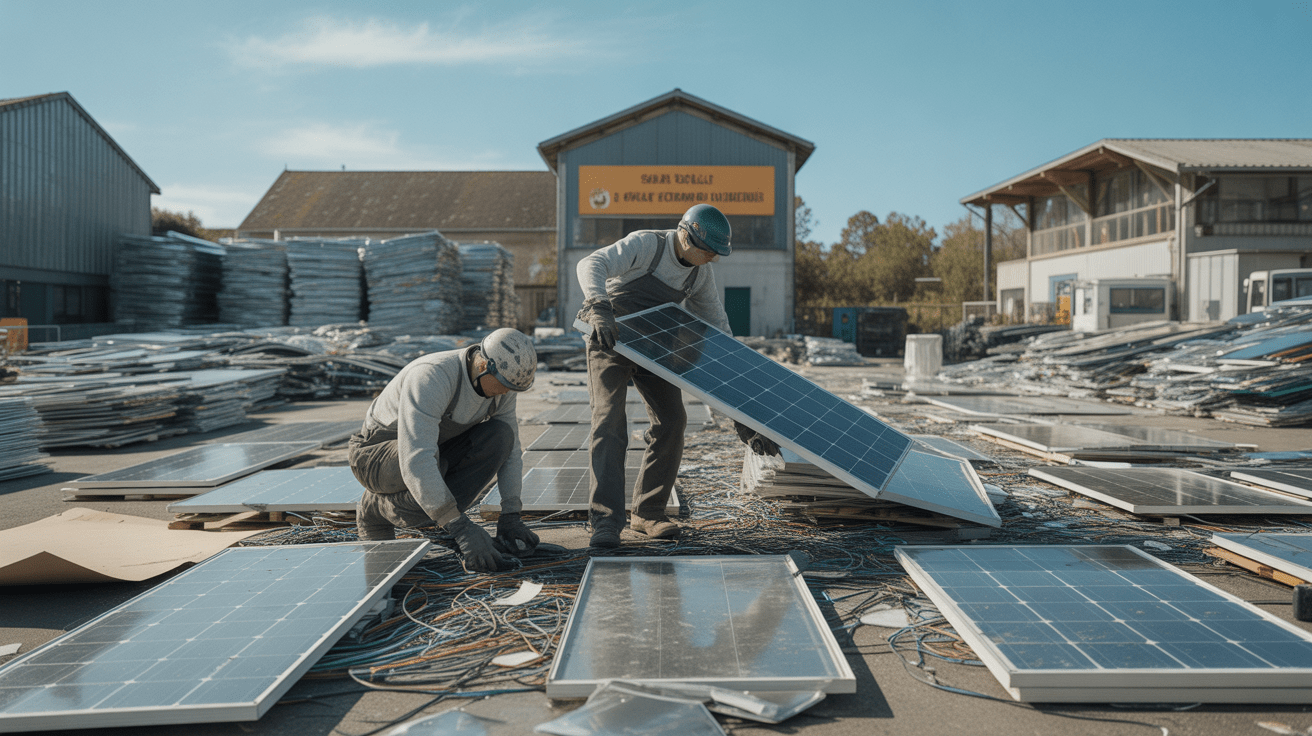 Centre français de recyclage de panneaux solaires avec des techniciens triant et démontant des modules photovoltaïques dans un environnement industriel réaliste.