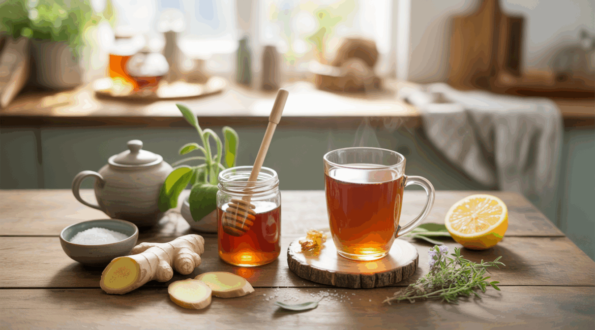 Scène de cuisine chaleureuse avec des ingrédients naturels contre le mal de gorge, comme du miel, du citron et du gingembre, présentés de manière réaliste.