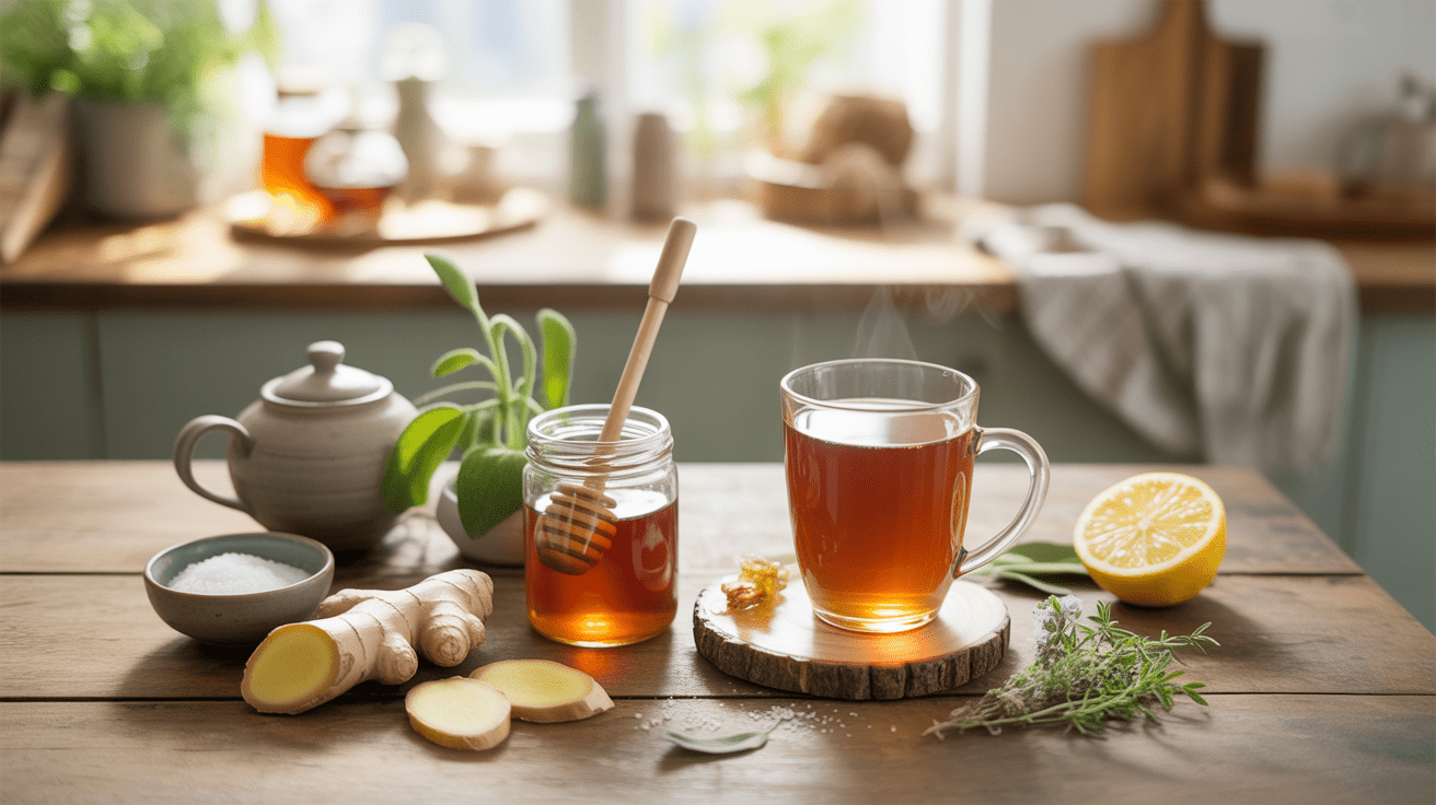 Scène de cuisine chaleureuse avec des ingrédients naturels contre le mal de gorge, comme du miel, du citron et du gingembre, présentés de manière réaliste.