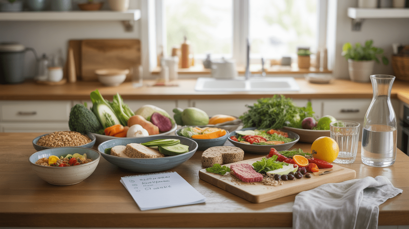 Cuisine lumineuse et naturelle montrant un assortiment réaliste de repas équilibrés pour la semaine sur un plan de travail en bois, avec fruits, légumes, céréales complètes et détails authentiques.
