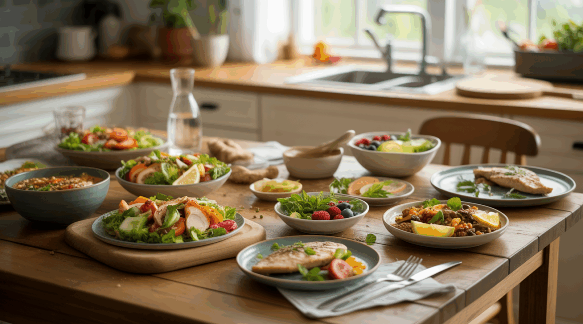 Table de cuisine réaliste avec repas légers et colorés, comprenant salades fraîches, légumes, poisson grillé, fruits et ambiance naturelle lumineuse.