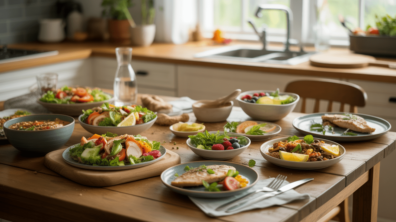 Table de cuisine réaliste avec repas légers et colorés, comprenant salades fraîches, légumes, poisson grillé, fruits et ambiance naturelle lumineuse.