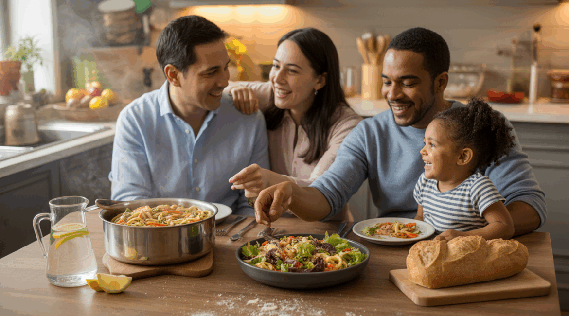 Scène de cuisine familiale réaliste avec un repas simple et abordable préparé sur une table en bois, entourée d’une famille en train de dresser le repas.
