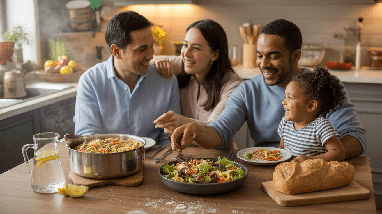 Scène de cuisine familiale réaliste avec un repas simple et abordable préparé sur une table en bois, entourée d’une famille en train de dresser le repas.
