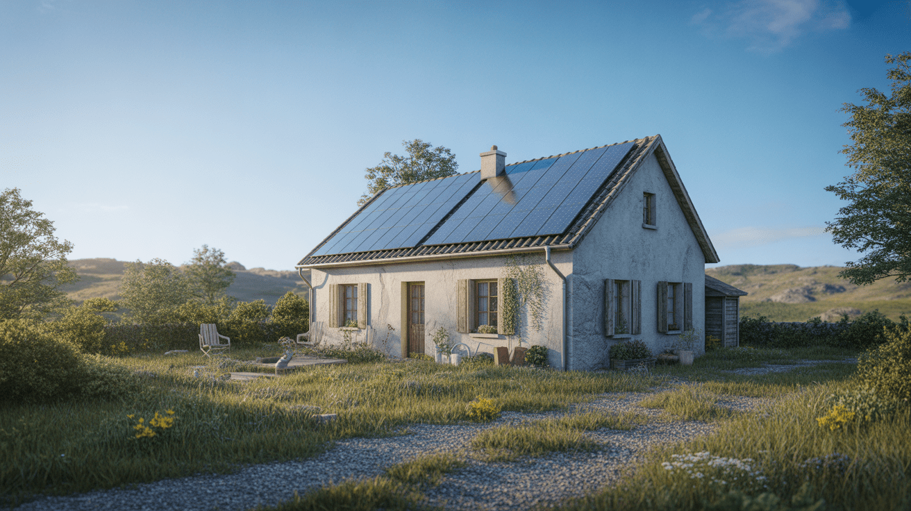 Maison de campagne réaliste avec panneaux solaires sur le toit, dans un environnement naturel ensoleillé et authentique.
