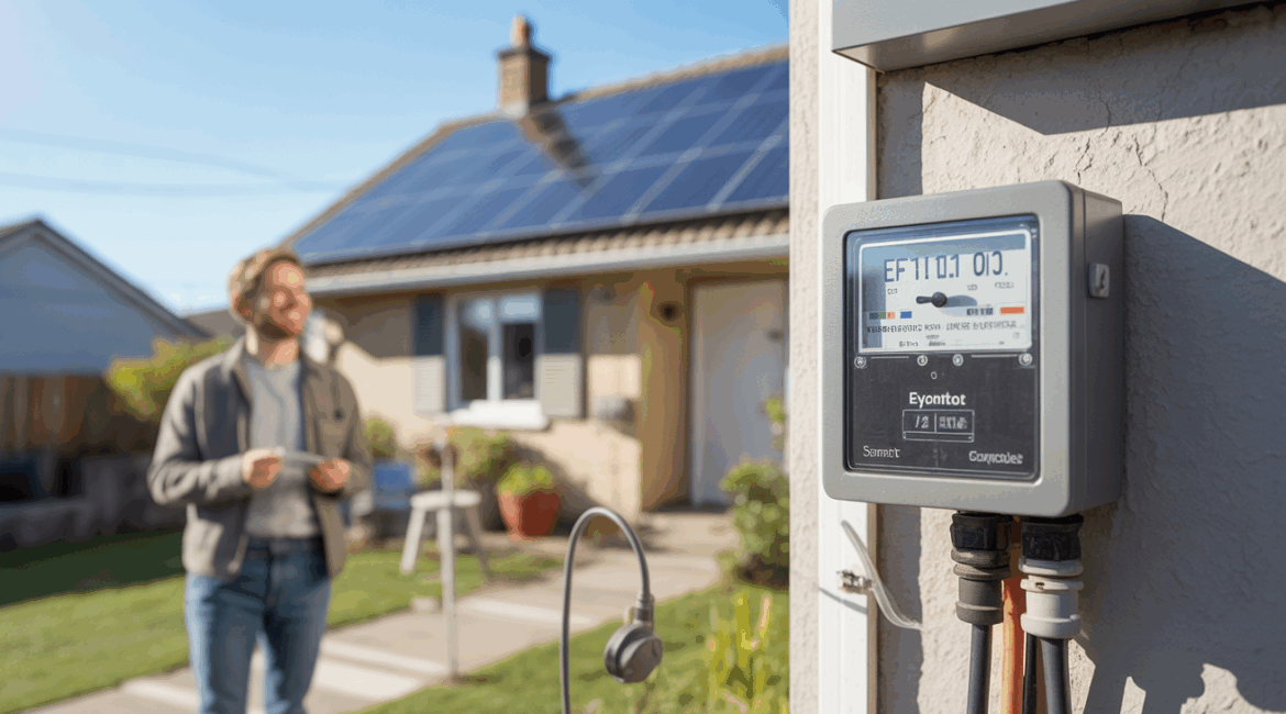 Maison équipée de panneaux solaires avec un propriétaire observant un compteur intelligent affichant l’énergie revendue au réseau, dans une scène extérieure réaliste et naturelle.