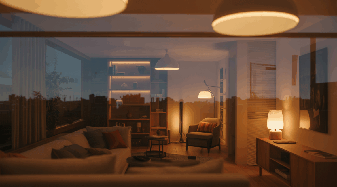 Salon contemporain au crépuscule avec plusieurs sources lumineuses créant différentes ambiances chaleureuses et naturelles.