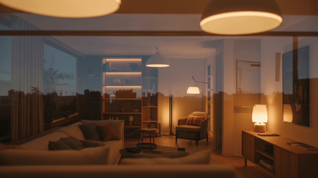 Salon contemporain au crépuscule avec plusieurs sources lumineuses créant différentes ambiances chaleureuses et naturelles.
