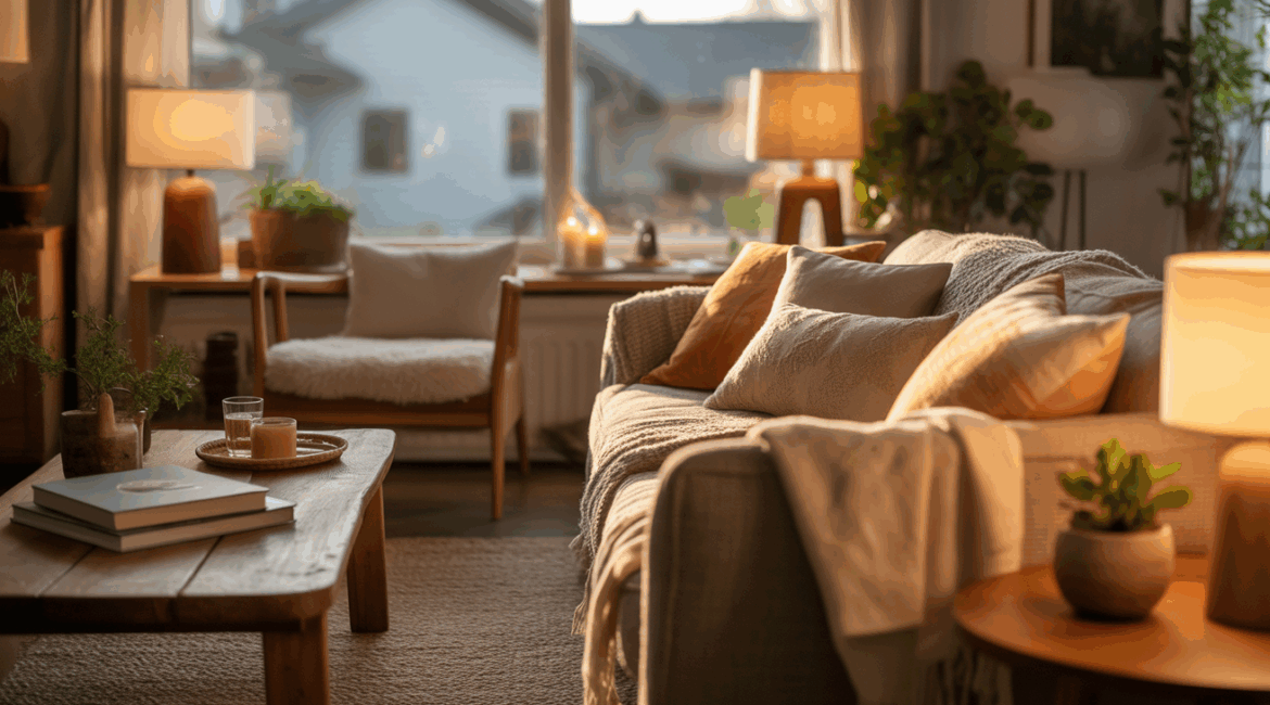 Salon chaleureux et réaliste avec lumière douce, matériaux naturels et ambiance cosy.