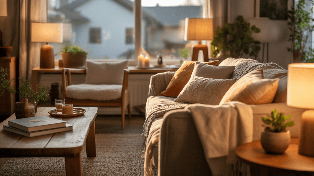 Salon chaleureux et réaliste avec lumière douce, matériaux naturels et ambiance cosy.