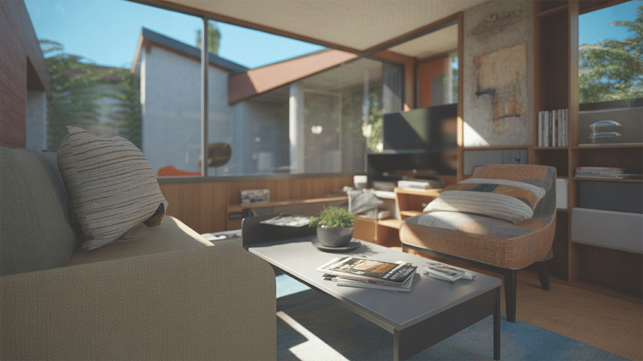 Salon moderne et fonctionnel baigné de lumière naturelle, avec canapé confortable, rangements intégrés et détails réalistes d’un espace de vie authentique.