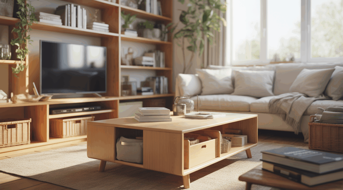 Salon moderne lumineux avec rangements astucieux intégrés, ambiance réaliste et chaleureuse.