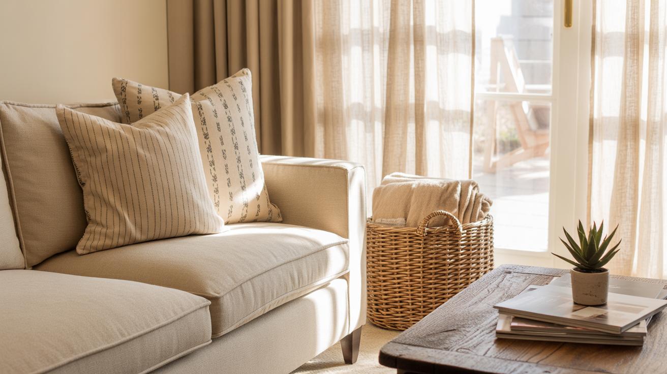 Salon chaleureux avec canapé beige et lumière naturelle