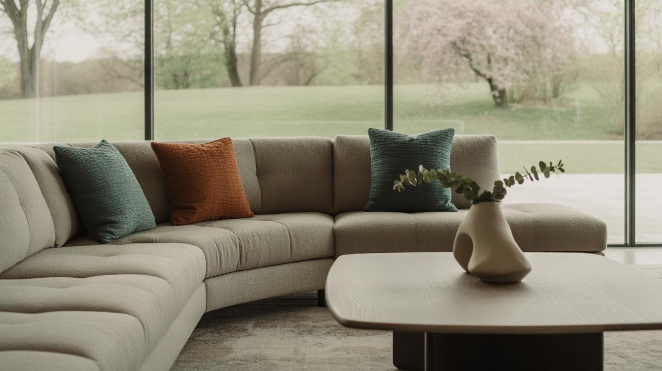 Grand salon moderne lumineux avec canapé gris et coussins colorés