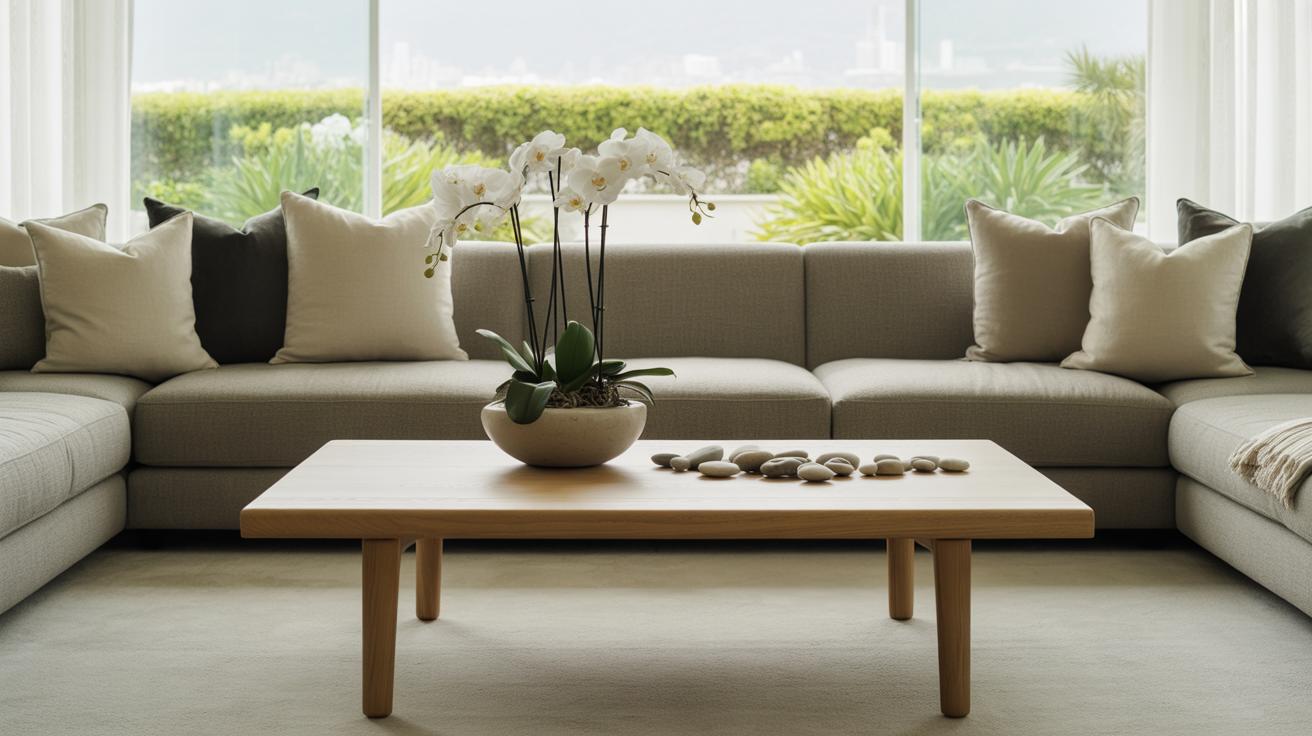 Salon moderne avec orchidées et vue sur jardin