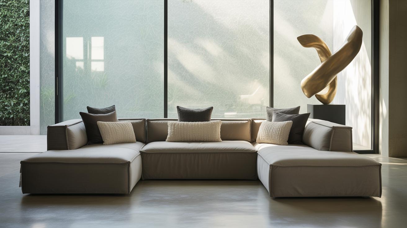 Salon moderne avec sculpture métallique et grande baie vitrée