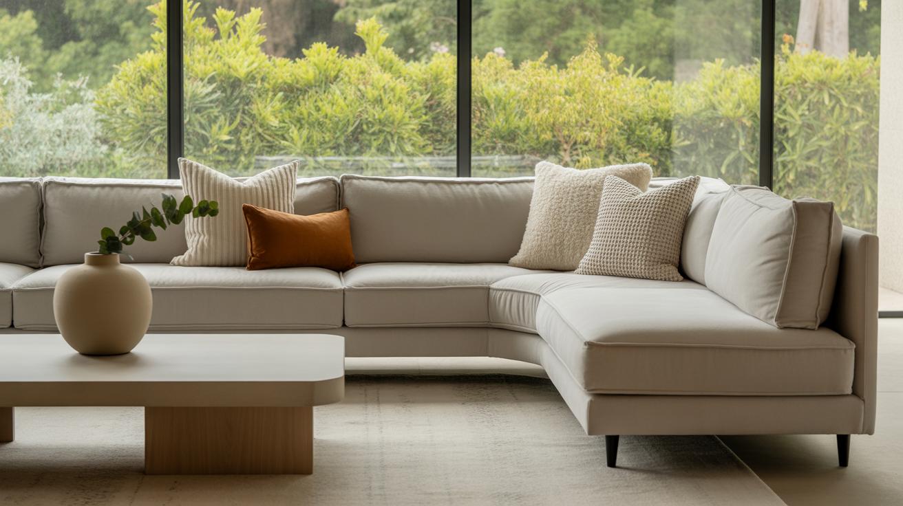 Salon spacieux avec vue sur jardin verdoyant et décoration épurée 