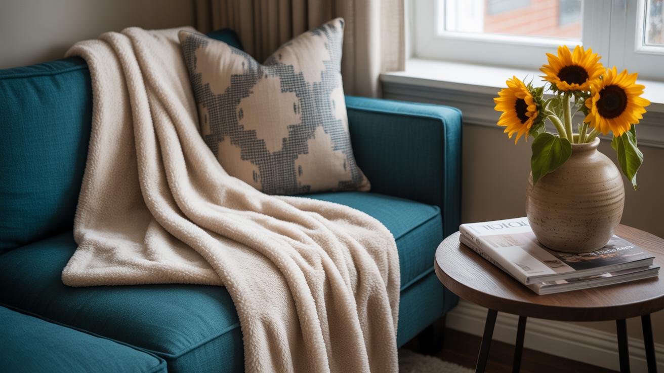 Déco budgétaire avec canapé bleu sarcelle et tournesols