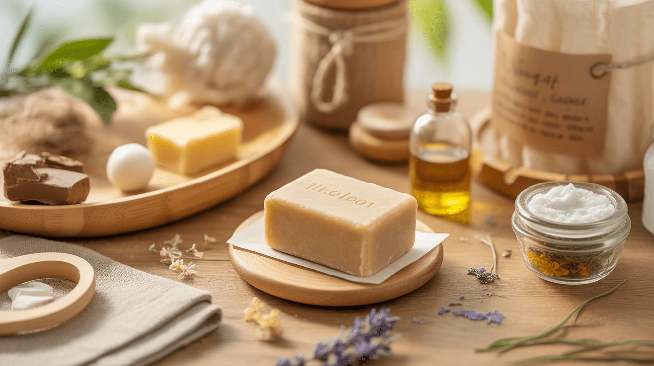 Shampoing solide fait maison posé sur une surface en bois entouré d’ingrédients naturels dans une ambiance lumineuse et authentique.