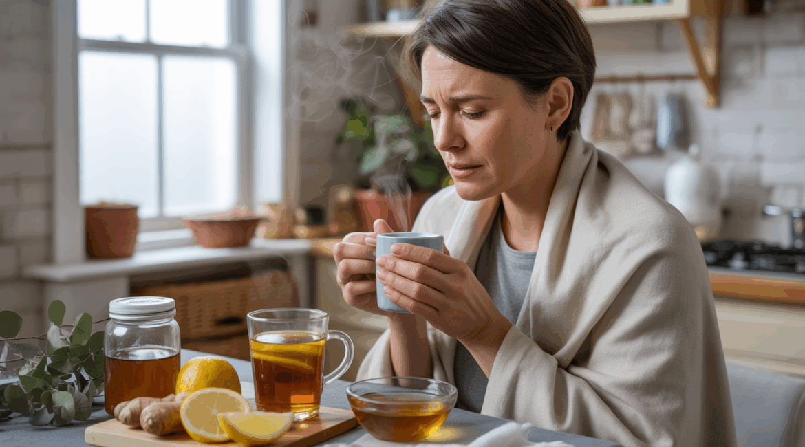 Personne malade utilisant des remèdes naturels contre le rhume dans une cuisine lumineuse avec thé chaud, miel, citron et inhalation de vapeur.
