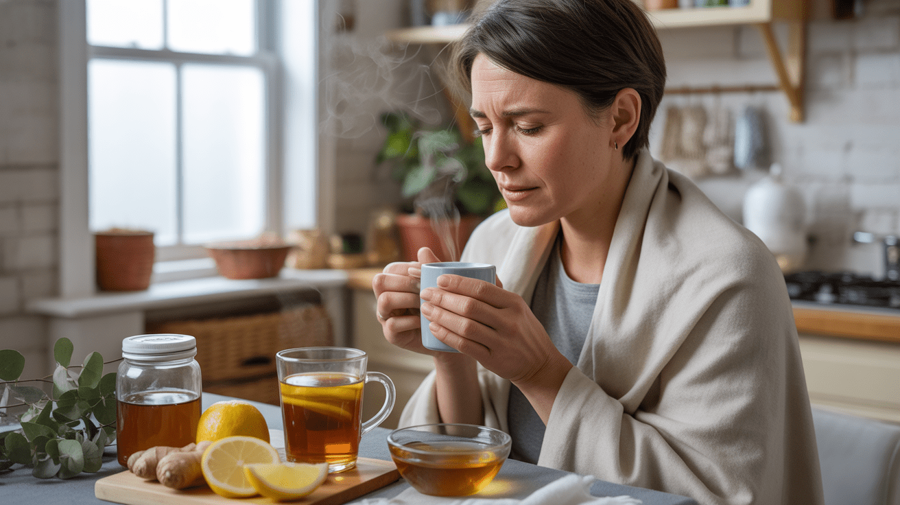 Personne malade utilisant des remèdes naturels contre le rhume dans une cuisine lumineuse avec thé chaud, miel, citron et inhalation de vapeur.