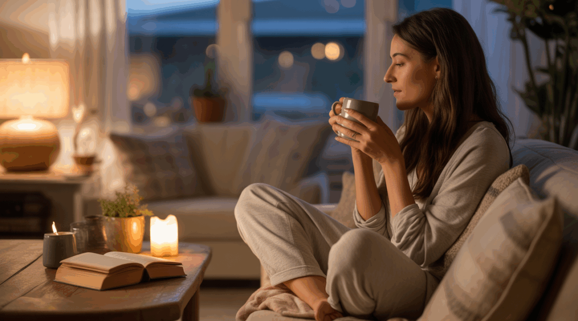 Scène calme et réaliste d'une femme se détendant le soir dans un salon chaleureux, avec lumière douce, tasse de tisane et ambiance apaisante.
