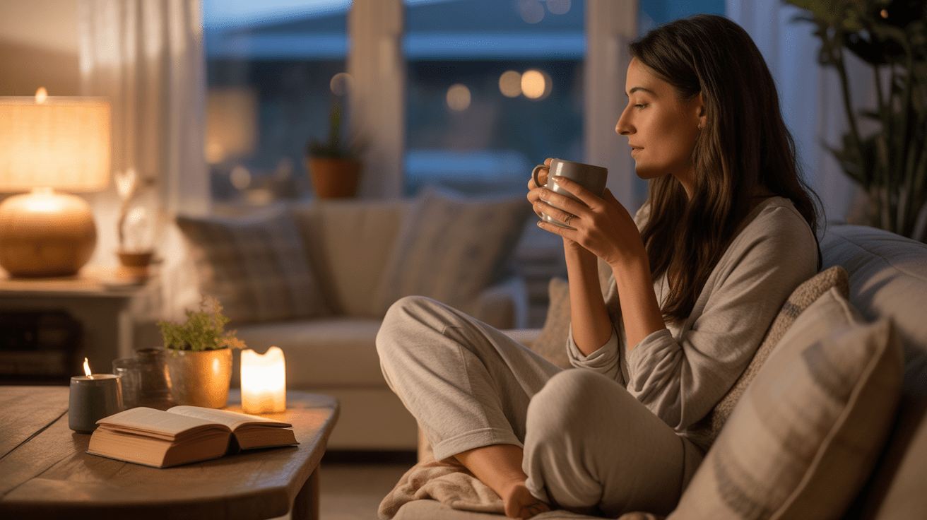 Scène calme et réaliste d'une femme se détendant le soir dans un salon chaleureux, avec lumière douce, tasse de tisane et ambiance apaisante.