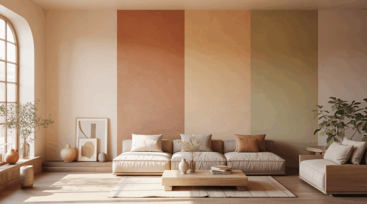 Salon moderne et réaliste mettant en avant les tendances peinture 2026 avec des tons naturels et une décoration authentique.