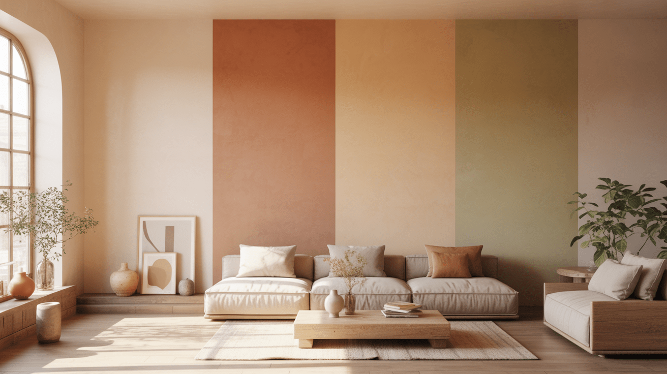 Salon moderne et réaliste mettant en avant les tendances peinture 2026 avec des tons naturels et une décoration authentique.