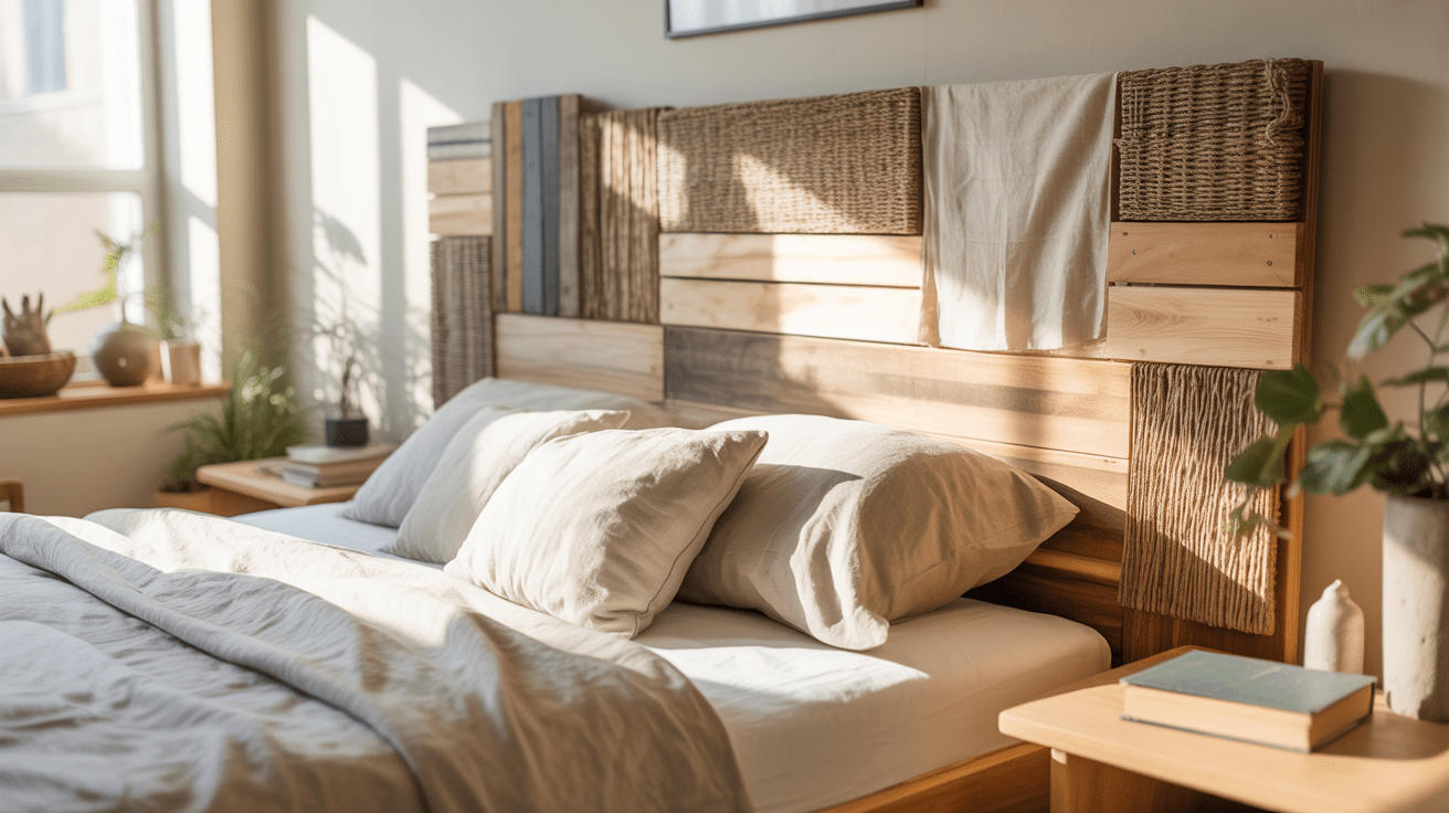 Chambre lumineuse avec une tête de lit DIY en matériaux naturels, dans une ambiance chaleureuse et authentique.