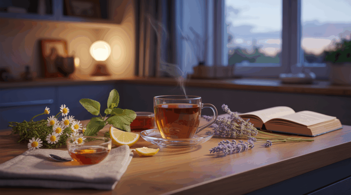 Scène réaliste d’une tasse de tisane chaude entourée d’herbes fraîches dans une cuisine au crépuscule, éclairée doucement pour évoquer le calme du soir.