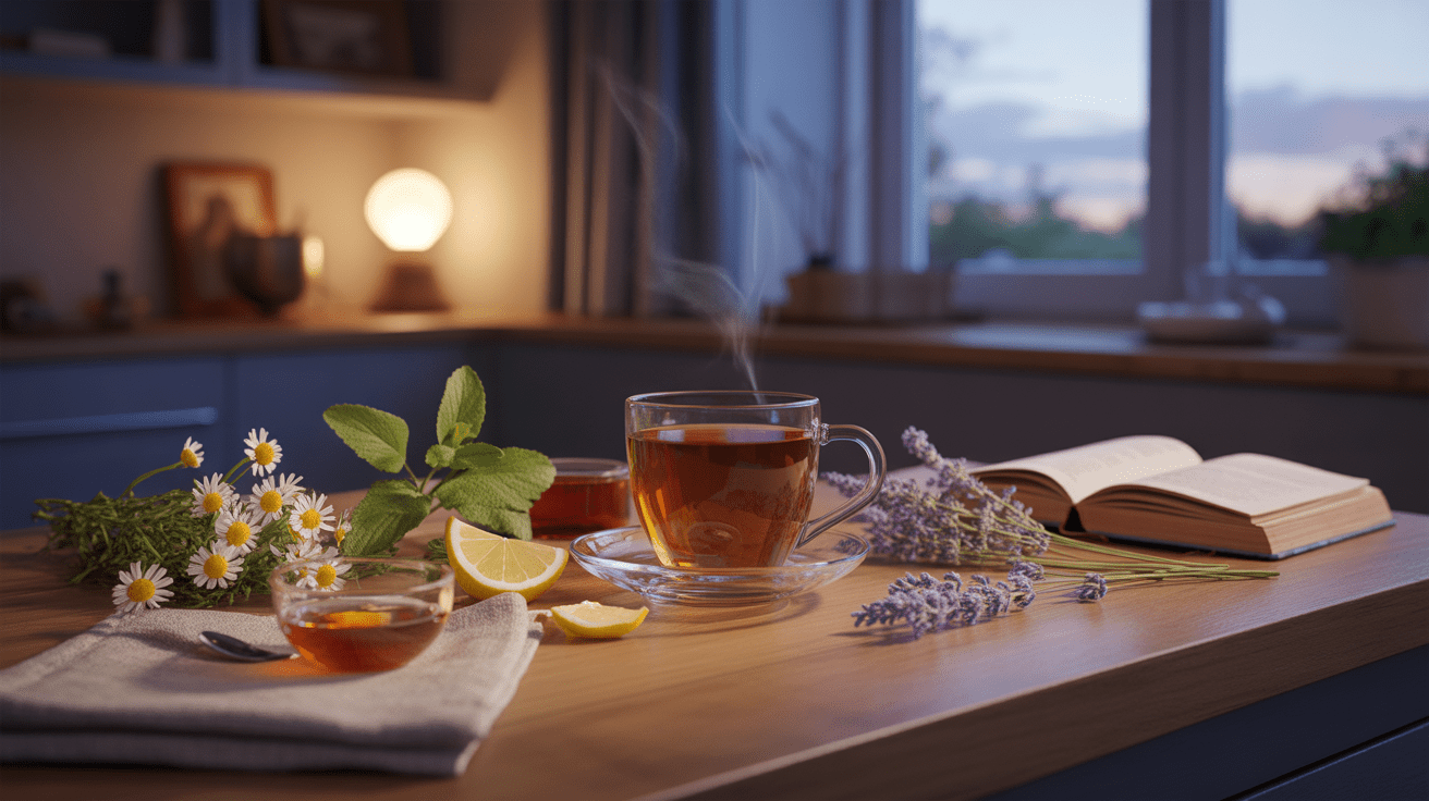 Scène réaliste d’une tasse de tisane chaude entourée d’herbes fraîches dans une cuisine au crépuscule, éclairée doucement pour évoquer le calme du soir.