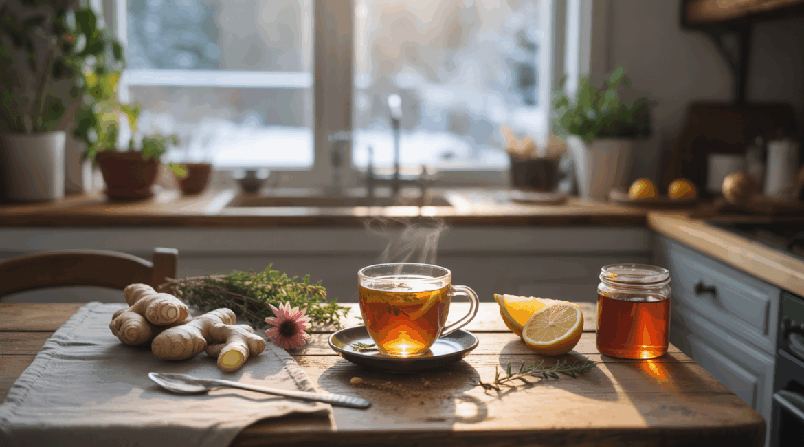 Scène réaliste d’une cuisine hivernale avec une tasse de tisane chaude entourée d’ingrédients naturels comme gingembre, citron, miel et herbes fraîches, avec un paysage enneigé visible à travers la fenêtre.