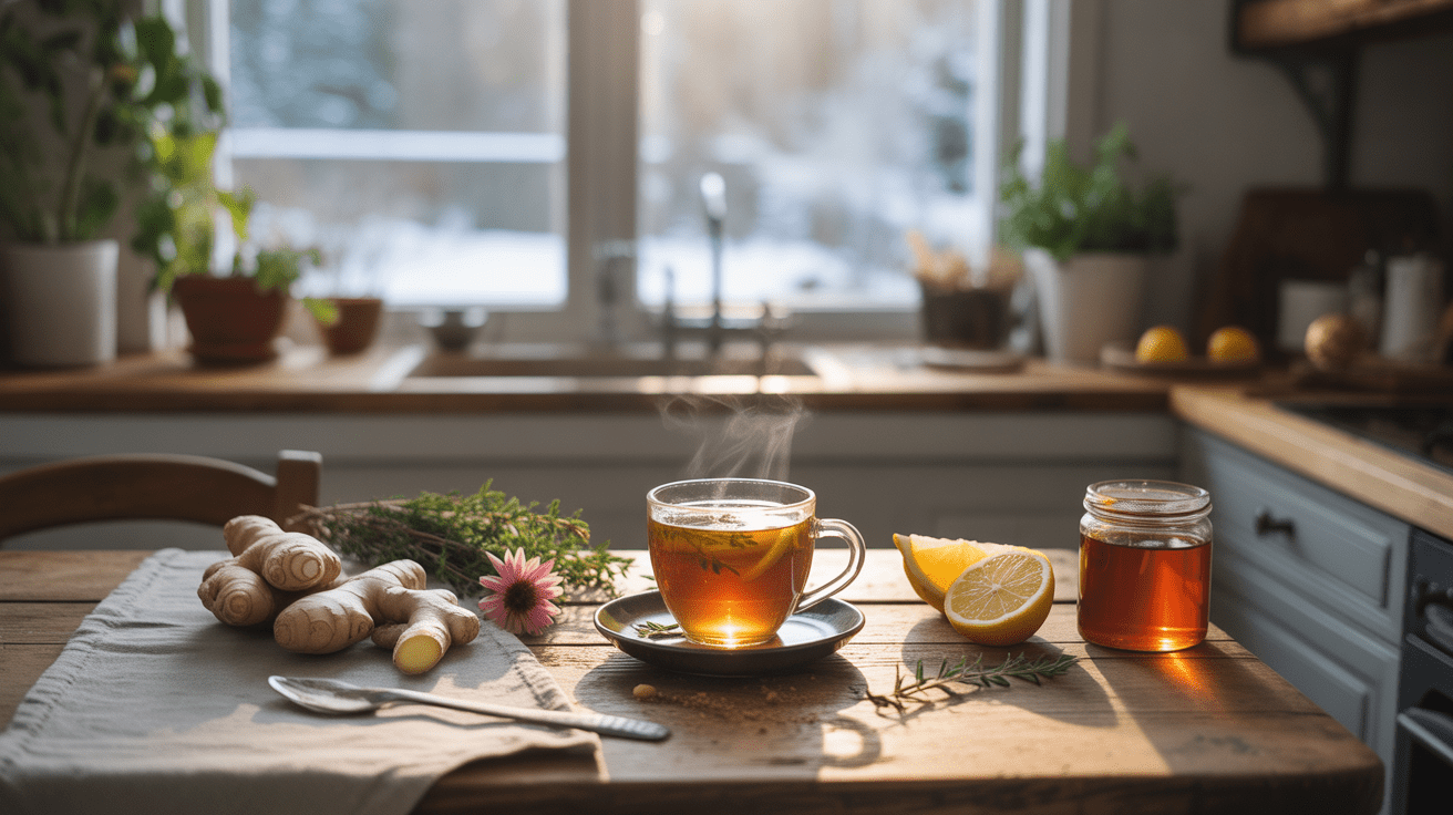 Scène réaliste d’une cuisine hivernale avec une tasse de tisane chaude entourée d’ingrédients naturels comme gingembre, citron, miel et herbes fraîches, avec un paysage enneigé visible à travers la fenêtre.