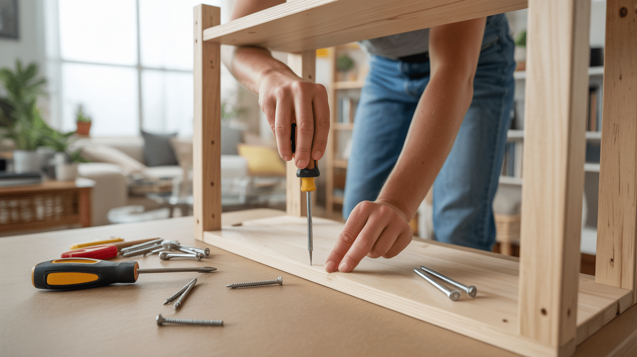 Personne en train d’installer une étagère en bois dans un salon lumineux avec outils et détails réalistes.