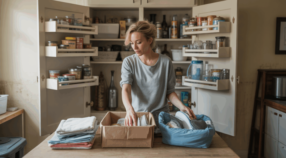 Personne triant naturellement un placard de cuisine encombré avec des piles d’objets à garder, donner ou jeter dans une scène domestique réaliste.