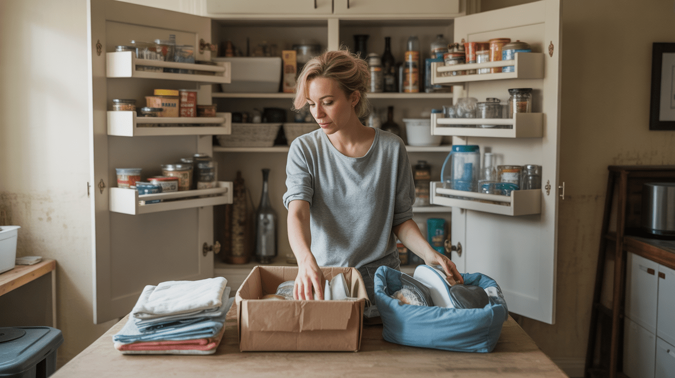 Personne triant naturellement un placard de cuisine encombré avec des piles d’objets à garder, donner ou jeter dans une scène domestique réaliste.