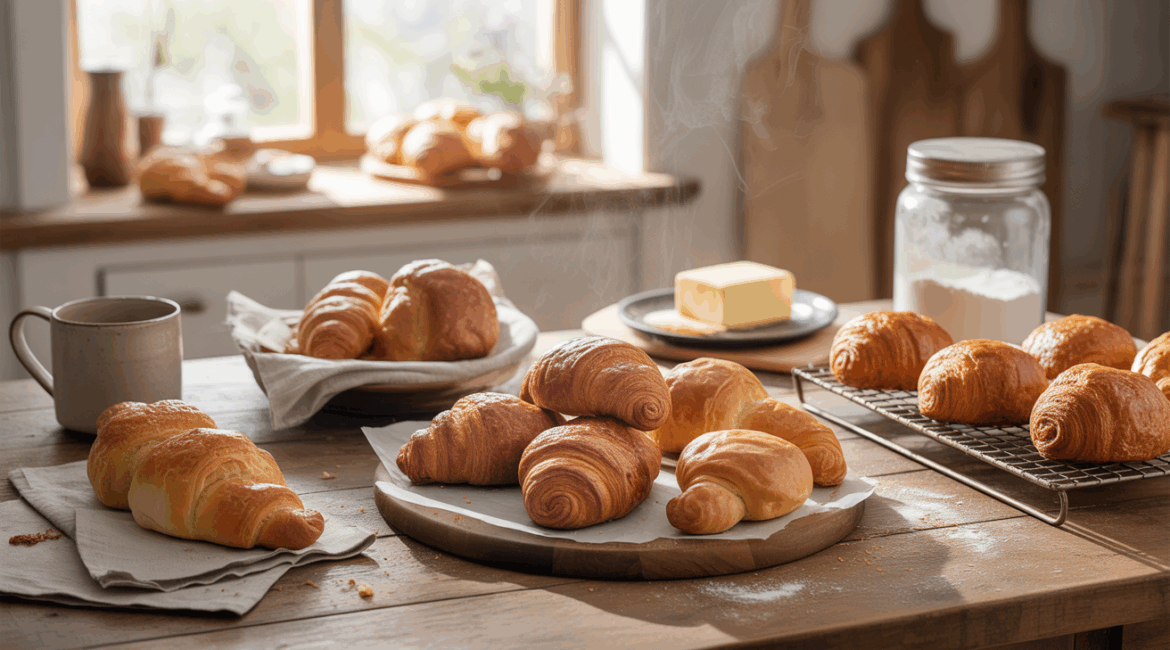 Scène de cuisine naturelle avec des viennoiseries maison chaudes et dorées posées sur une table en bois rustique, éclairée par une lumière matinale douce.