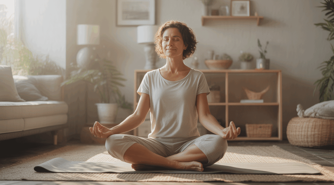 Femme pratiquant une séance de yoga de relaxation dans un salon lumineux et naturel, ambiance chaleureuse et réaliste.